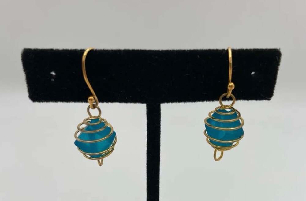 Blue and Gold Tone Wire Wrapped Drop Earrings